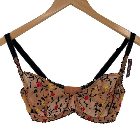 Adore Me Rosa Unlined Sheer Floral Balconette Bra Underwire Black Tan 32DDD NEW - Picture 1 of 7